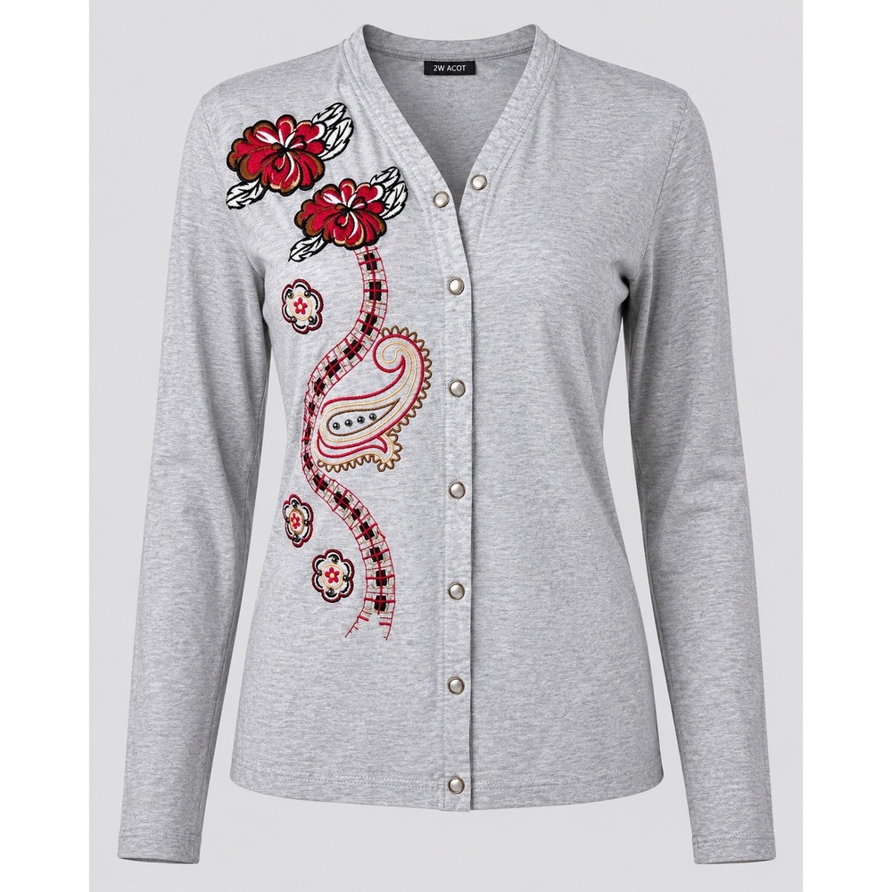 Vintage Y2K SK Wear Petite Floral Embroidered Snap Front Cardigan Gray Size S